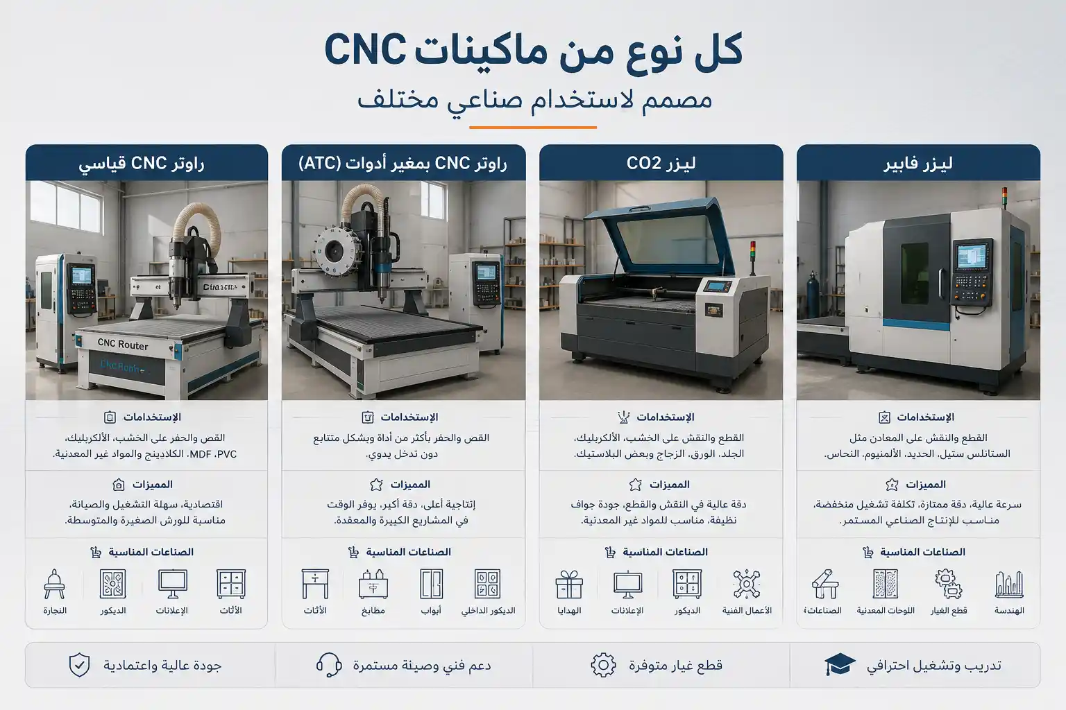 كل نوع من ماكينات CNC مصمم لاستخدام صناعي مختلف